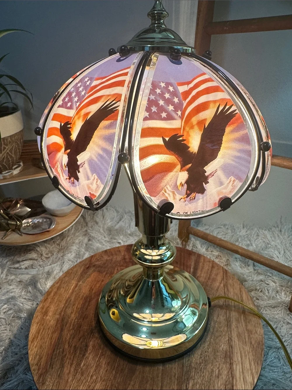 Vtg Patriotic Small Touch Lamp OK LIGHTING Bald Eagle Mountains American Flag